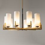 Fortano 10 Light Chandelier, Black & Brass Metal, White Shades, 86cm Wide