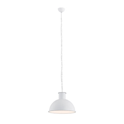 White dome pendant light with chain suspension and chrome detail.