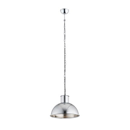 Brushed chrome dome pendant light with chain suspension system.