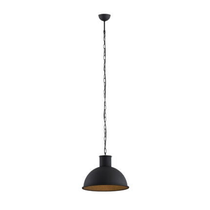 Fratu black dome pendant light with chain suspension and interior detail.