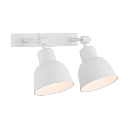 White double wall light with two adjustable dome shades illuminated.