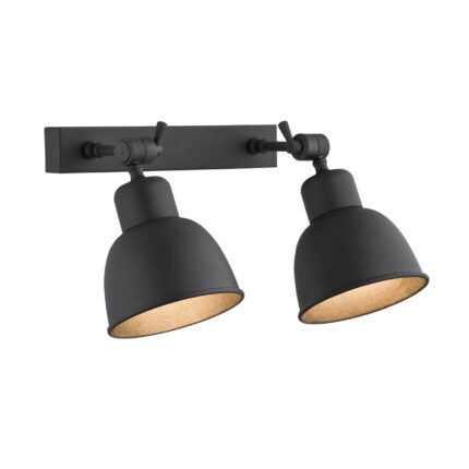 Black dual wall light with two adjustable dome shades on moveable arms.