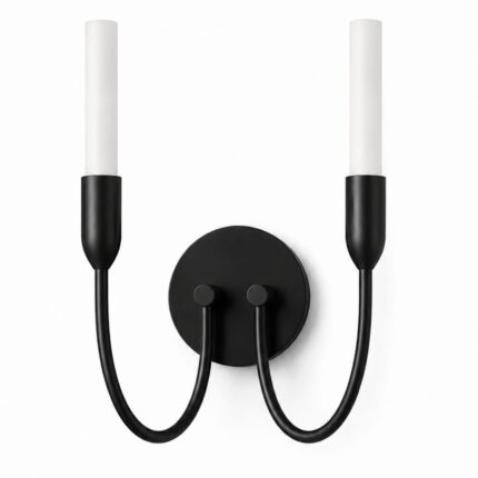 argust black wall light, steel, 2 lamp, milk white glass shades, 21cm wide