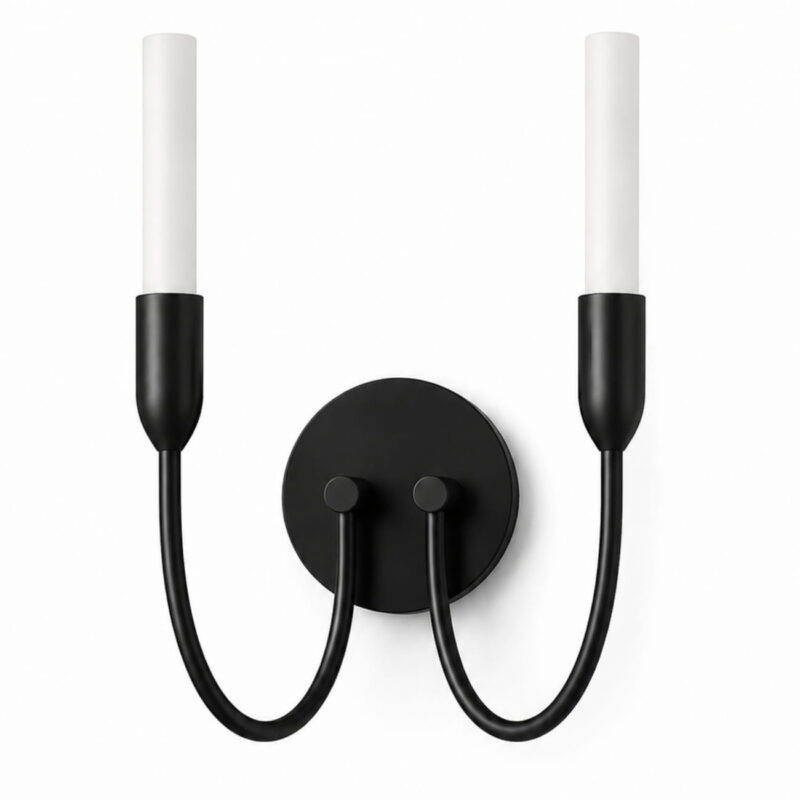 argust black wall light, steel, 2 lamp, milk white glass shades, 21cm wide