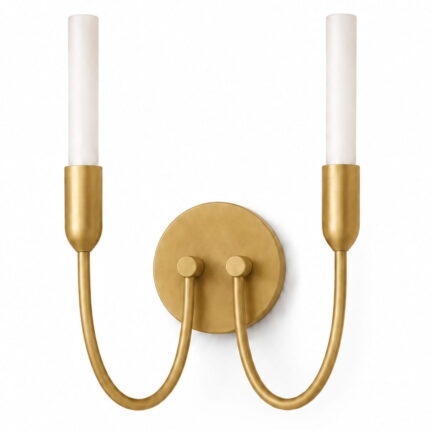 argust brushed brass wall light, 2 lamp, steel, white glass shades, 21cm wide