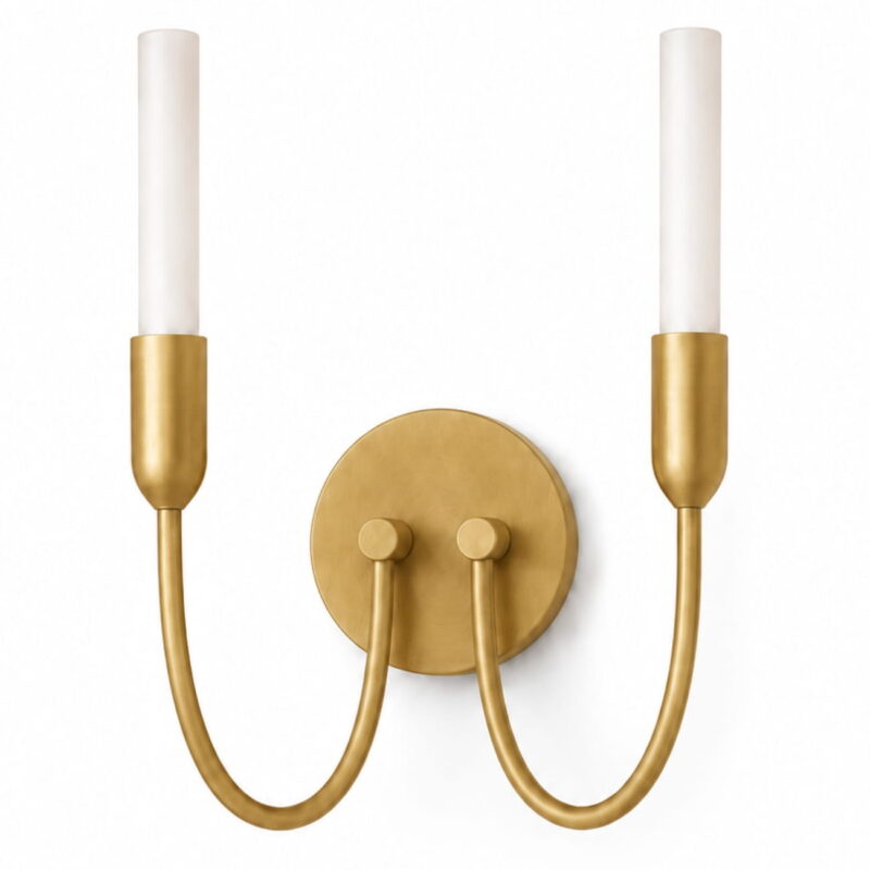 argust brushed brass wall light, 2 lamp, steel, white glass shades, 21cm wide