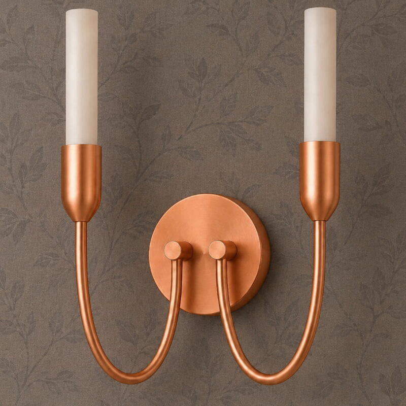 argust copper wall light, 2 lamp, steel, white gloss glass shades, 21cm wide