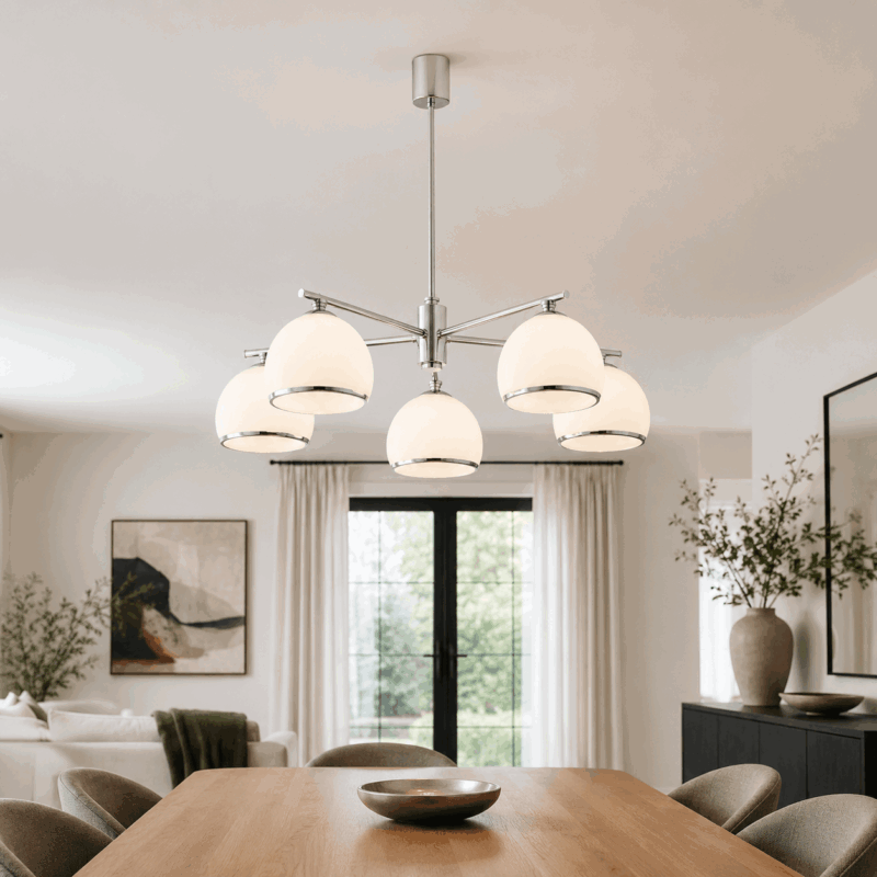 bella 5 lamp down facing chandelier, chrome metal, opal glass, 68cm wide