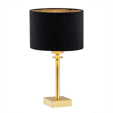 Black Abano table lamp with brushed brass base and central stem on white background.
