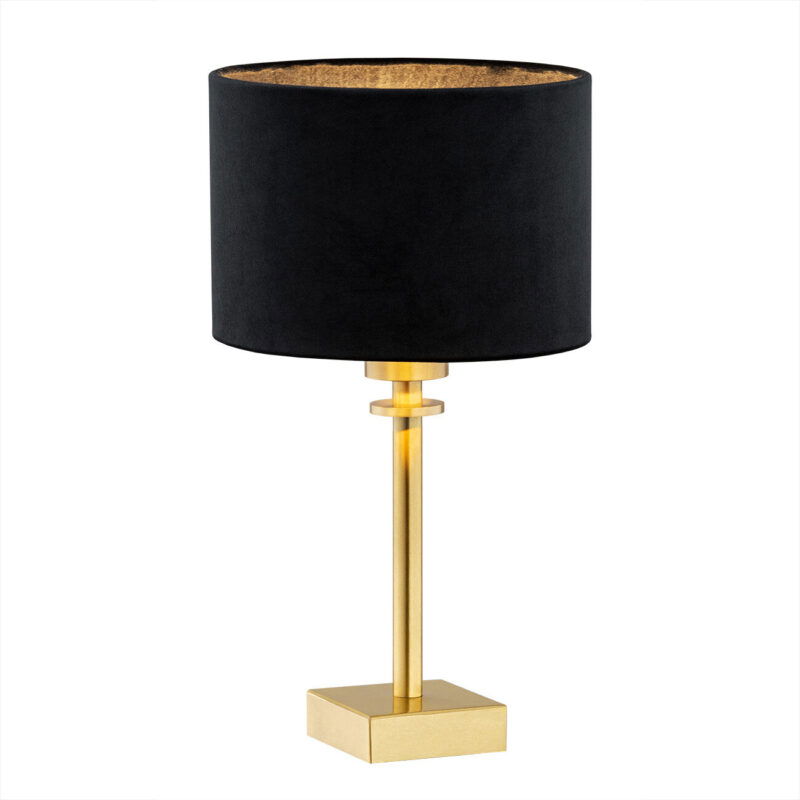 Black Abano table lamp with brushed brass base and central stem on white background.