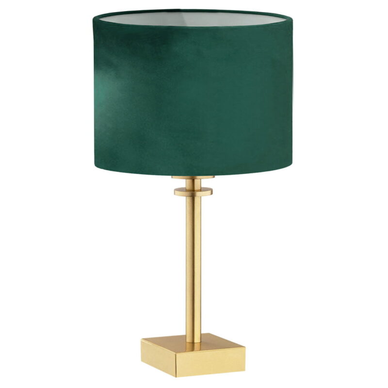Green velvet drum shade table lamp with brushed brass stem and square base.