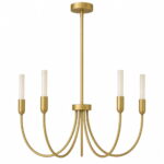 Argust 5 Arm Brushed Brass Chandelier, Steel, White Glass Shades, 48cm Diameter