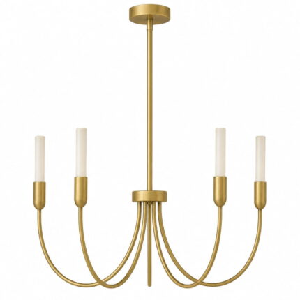 argust 5 arm brushed brass chandelier, steel, white glass shades, 48cm diameter