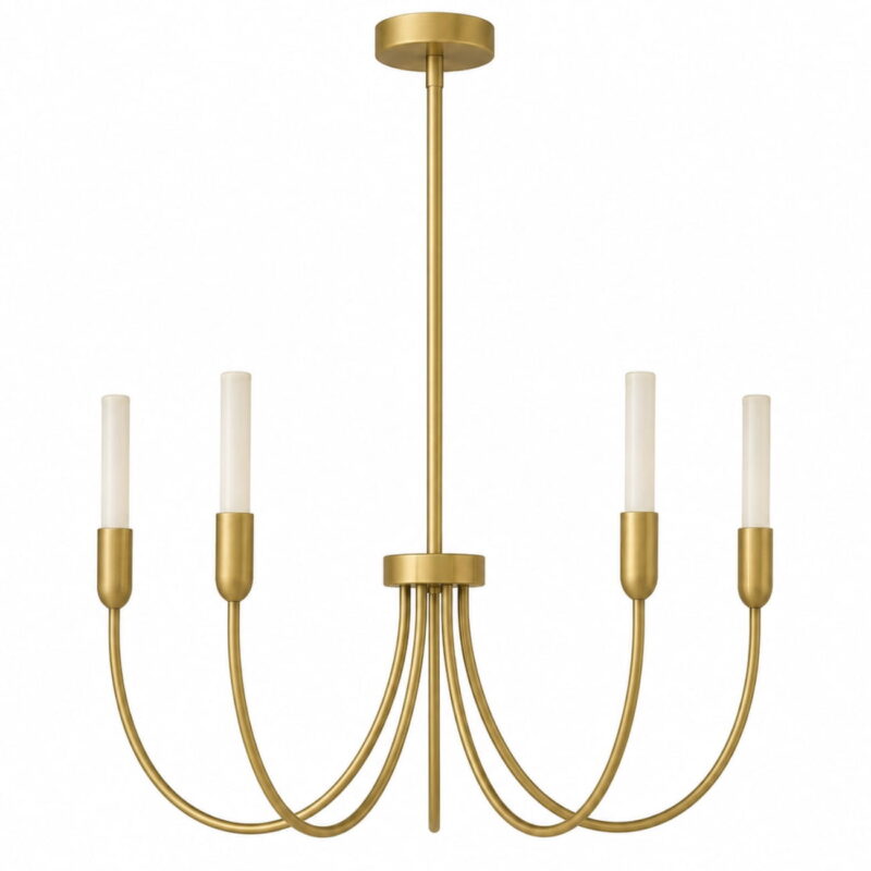 argust 5 arm brushed brass chandelier, steel, white glass shades, 48cm diameter