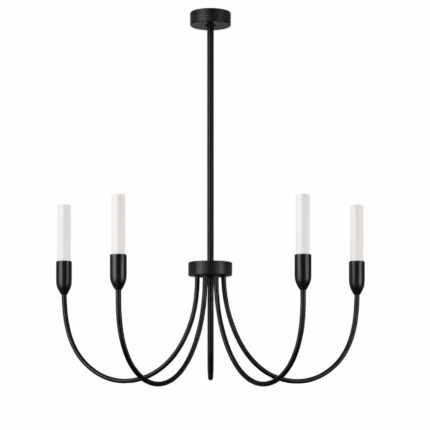 Full view of the argust 5 light black chandelier, steel, white glass shades, 48cm diameter.