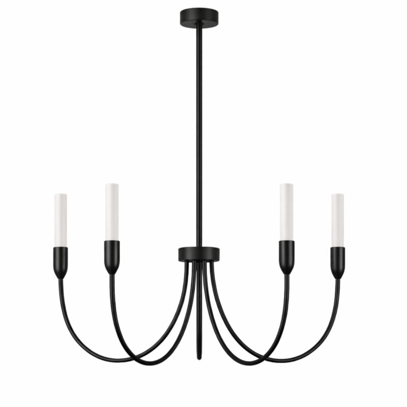 Full view of the argust 5 light black chandelier, steel, white glass shades, 48cm diameter.