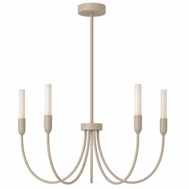 argust 5 light taupe chandelier, steel, white glass shades, 48cm diameter