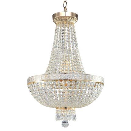 bella 6 light gold chandelier, clear crystal glass, 40cm wide