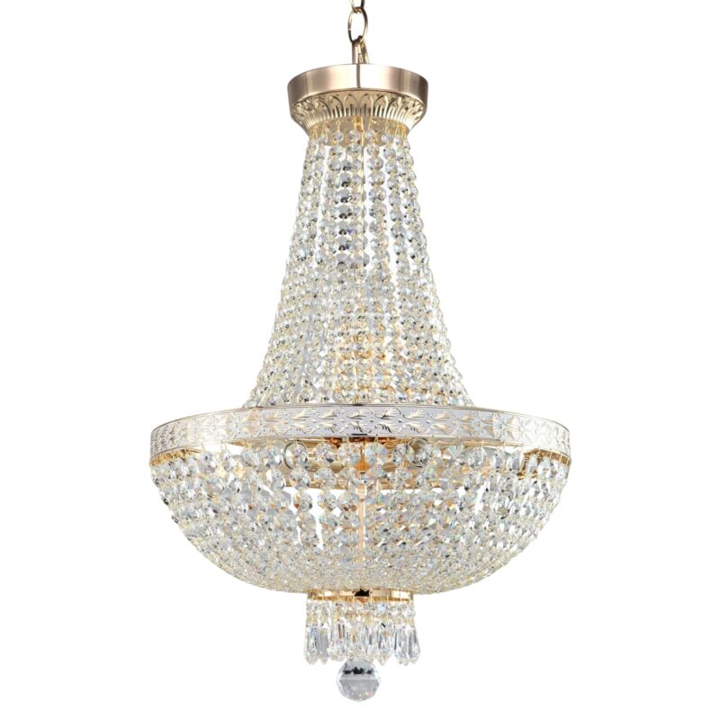 bella 6 light gold chandelier, clear crystal glass, 40cm wide