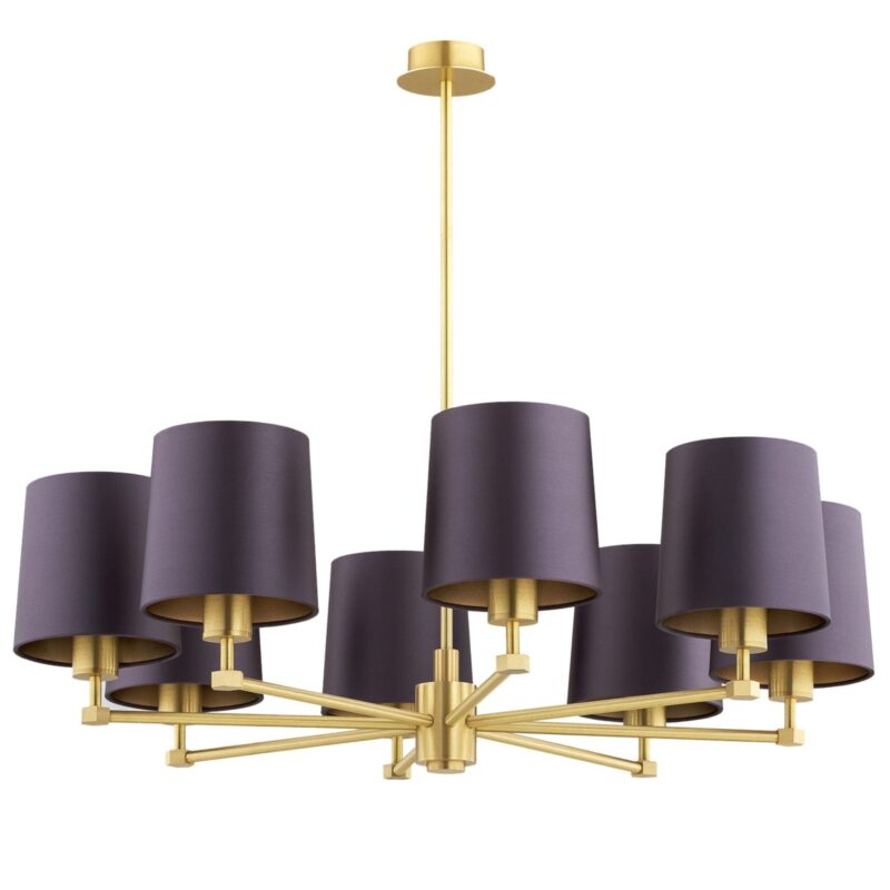 ceton 8 light chandelier, brass, plum purble fabric shades, 84cm width