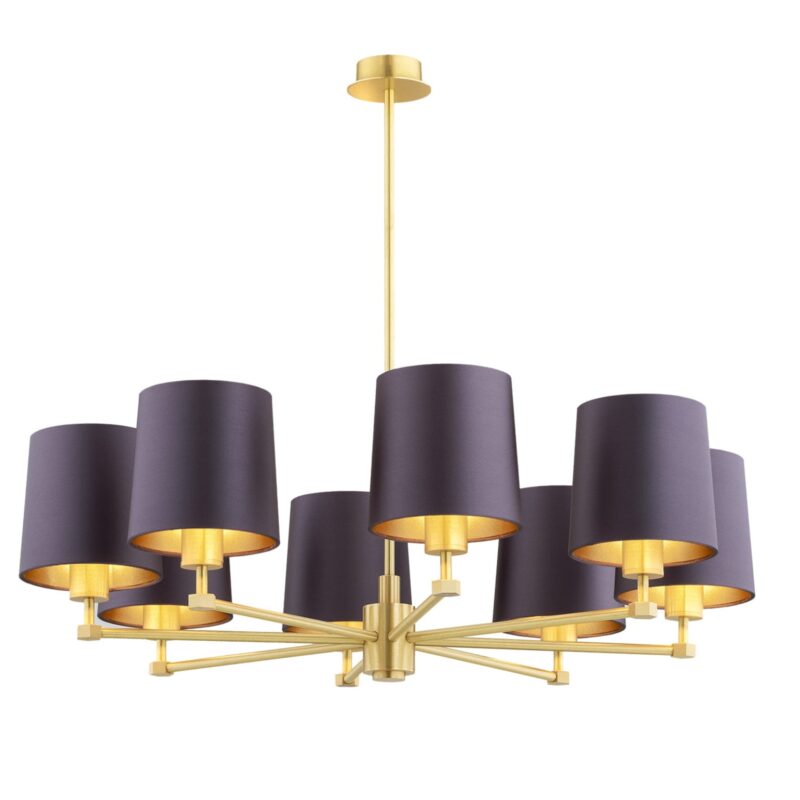 ceton 8 light chandelier, brass, plum purble fabric shades, 84cm width