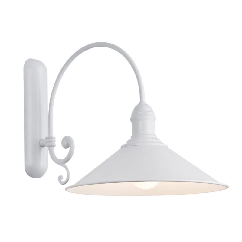 Terba white wall lamp with curved swan neck arm and cone shade.