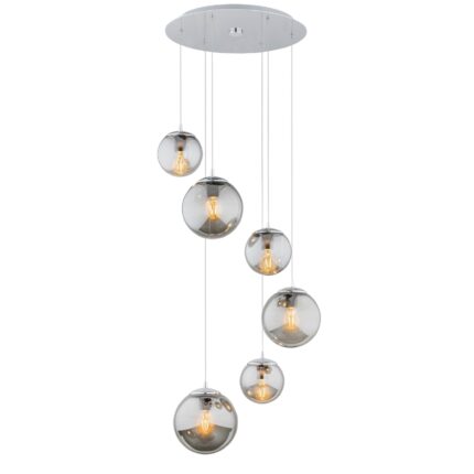 tica multi drop pendant light, 6 lamp, grey glass, polished chrome 55.5cm width