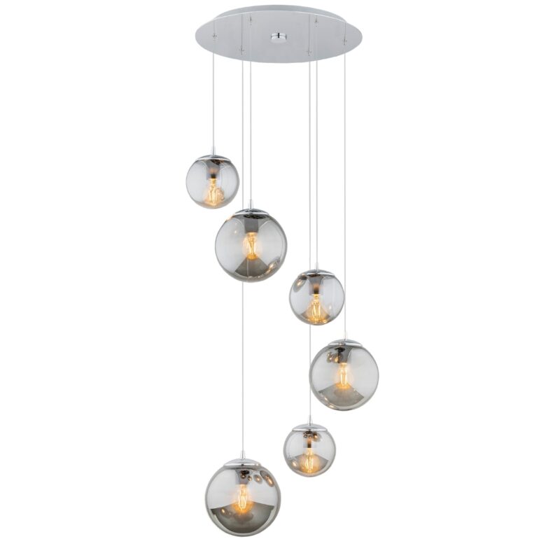 tica multi drop pendant light, 6 lamp, grey glass, polished chrome 55.5cm width