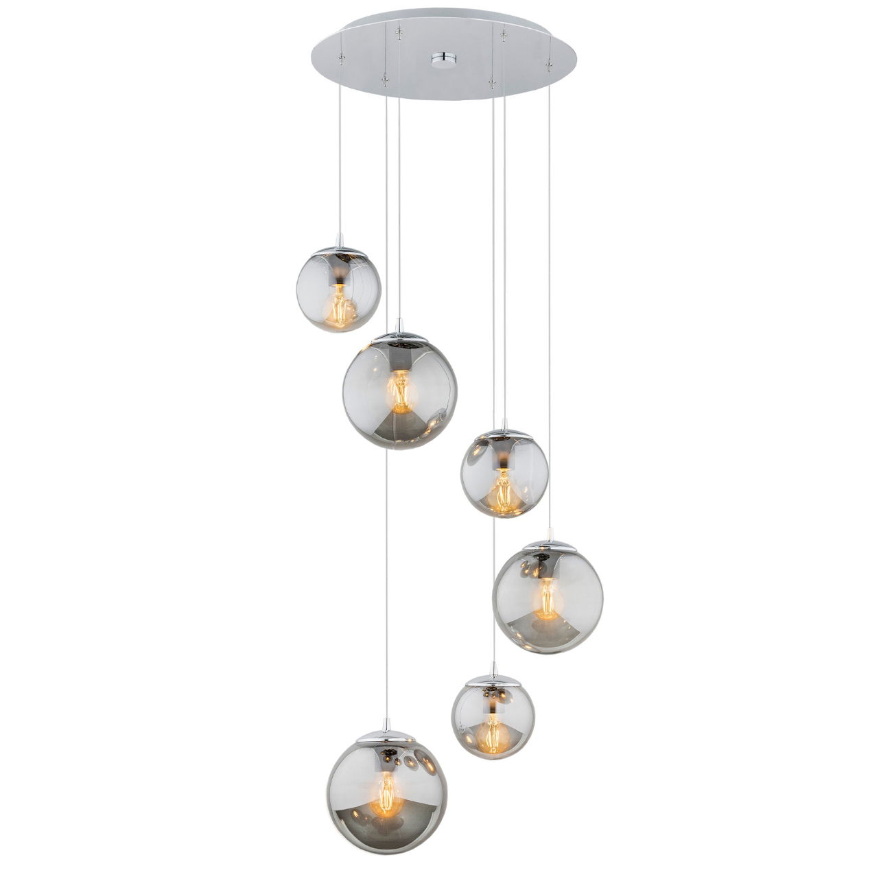 tica multi drop pendant light, 6 lamp, grey glass, polished chrome 55.5cm width tica multi drop pendant light, 6 lamp, grey glass, polished chrome 55.5cm width