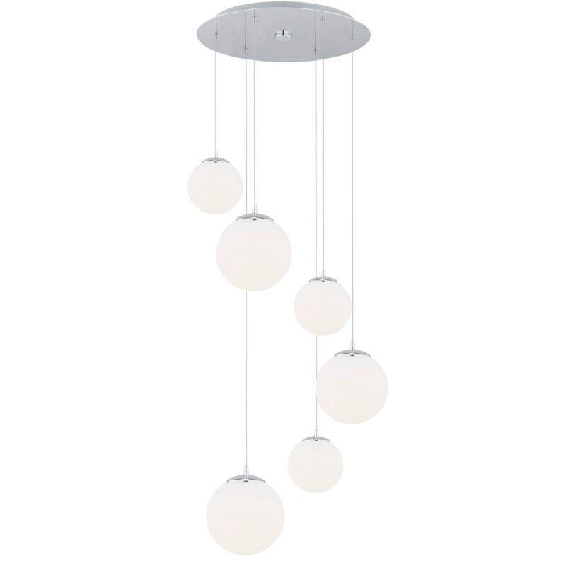 tica tiered multi drop pendant lamp, 6 lights, polished chrome, opal glass, 55.5cm width