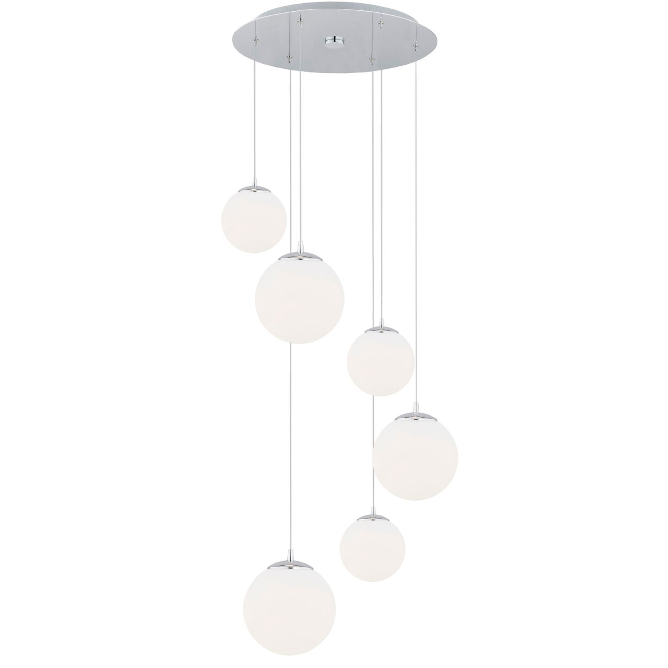 tica tiered multi drop pendant lamp, 6 lights, polished chrome, opal glass, 55.5cm width tica tiered multi drop pendant lamp, 6 lights, polished chrome, opal glass, 55.5cm width