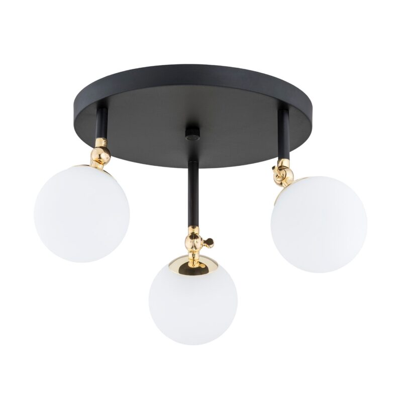 tina ip44 ceiling spotlight, 3 light, black & brass, opal glass, 35cm wide