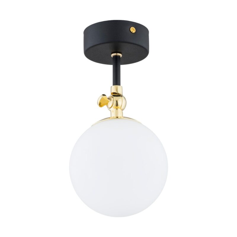 tina single ceiling light, black & brass, opal glass globe, 12cm width
