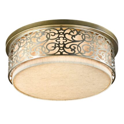 venera flush ceiling lamp, 5 light, brass, beige fabric shade, 50cm wide
