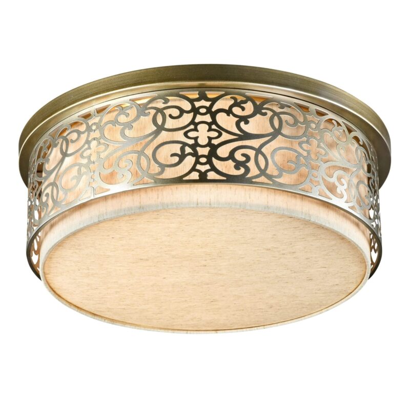 venera flush ceiling lamp, 5 light, brass, beige fabric shade, 50cm wide