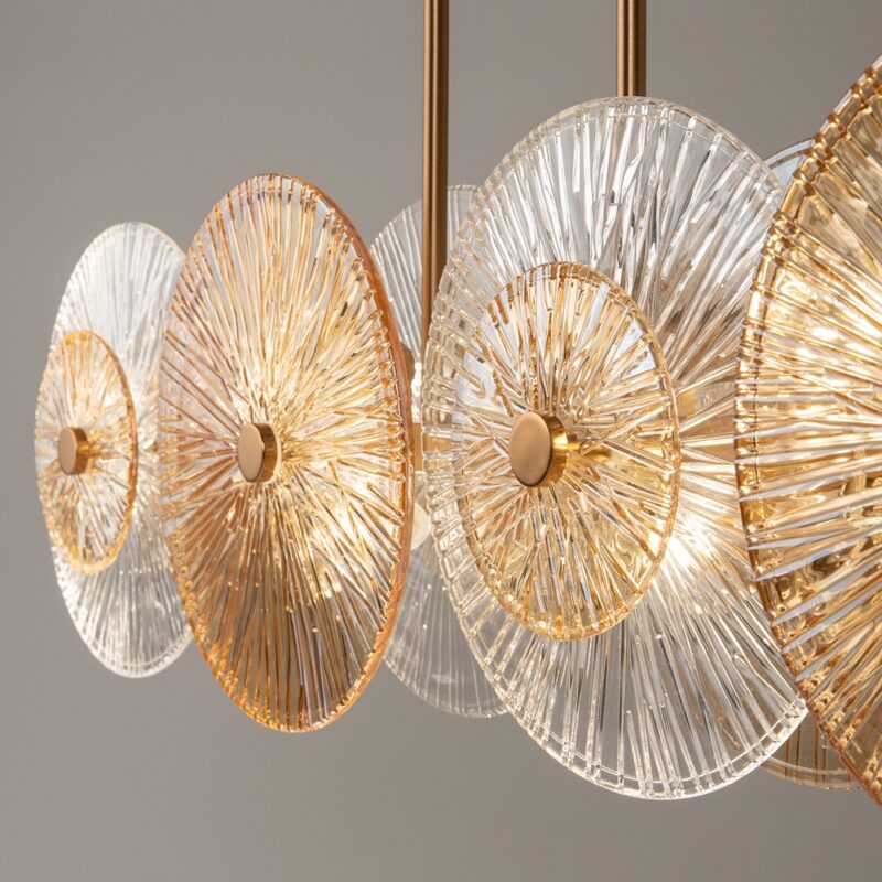 aster linear 8 light pendant lamp, circular glass, amber, gold, 1030cm length