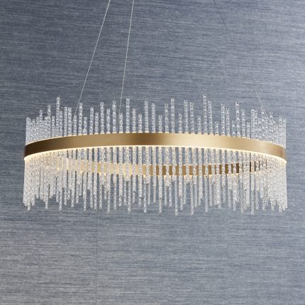 Zoomed in side view of the bottom half of the Netus Gold Pendant Light, 70cm, with LED, gold ring, and glass.