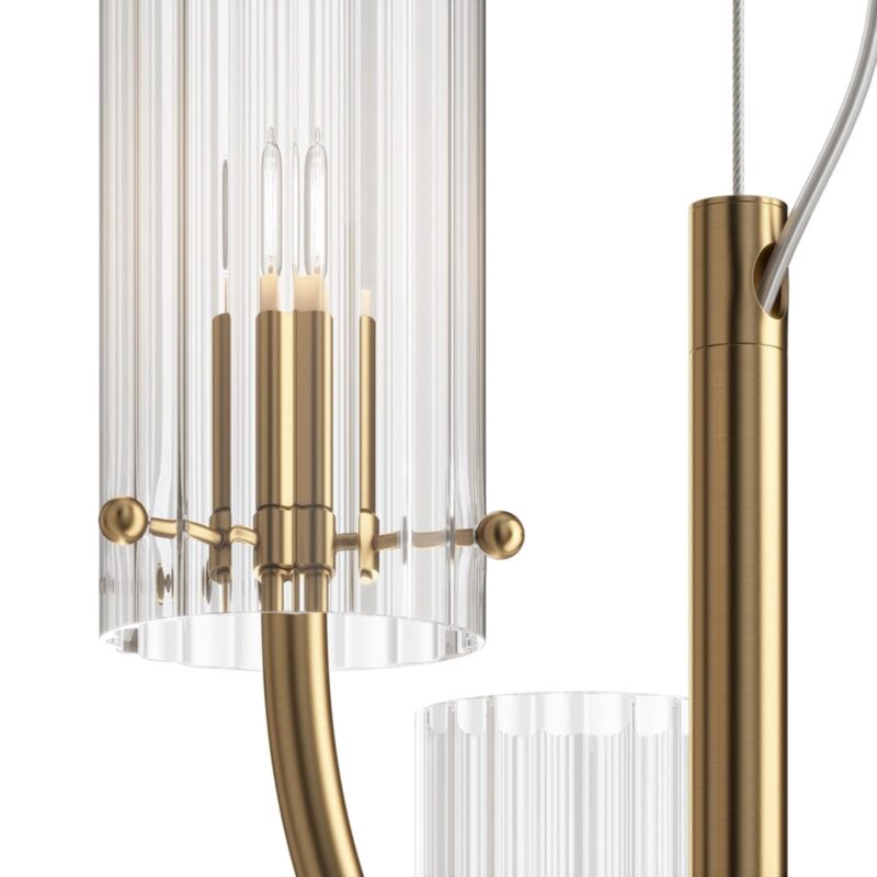 arco brass pendant lamp, 3 light, ribbed glass shades, metal, 35cm wide