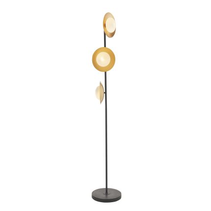 The Arcu Floor Lamp, Gold, Bronze, Disc Shaped, 3 Light, on a white background with the light bulbs switched on.