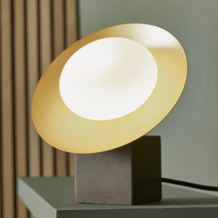 Close up full view of Arcu Table Lamp, Gold and Bronze, Disc Shaped, 1 Light.
