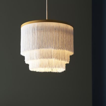 View of the bottom half of Pellen Medium Pendant Light, White Fringe, Gold Metal, 30cm.