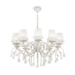 Grace 10 Light White & Gold Chandelier, Metal, Fabric Shades, Crystal Glass, 85cm Wide