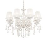 Grace 8 Lamp White & Gold Chandelier, Metal, Fabric Shades, Crystal Glass, 72cm Wide
