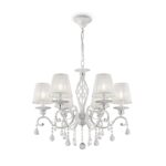 Grace 6 Light White & Gold Chandelier, Metal, Fabric Shades, Crystal Glass, 63cm Wide