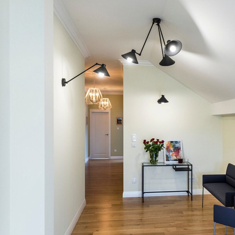 Lifestyle room view featuring black Alea 3-arm ceiling light.