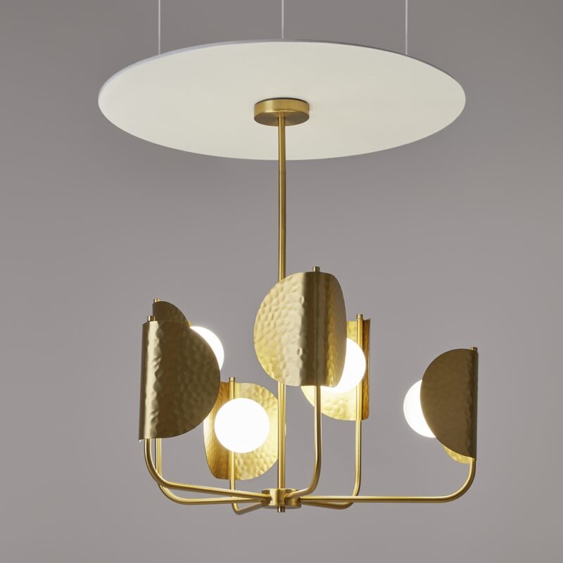 tropic 6 light chandelier, brass, metal, opal glass, 65.7cm wide