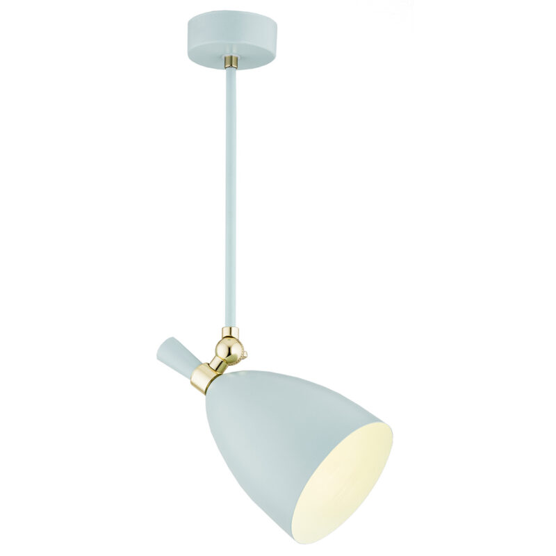 Harlot pendant light with matt blue bell shade and brass adjustable arm.