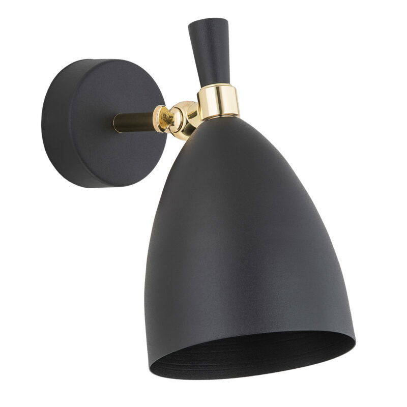 Harlot wall light black shade with brass pivot mechanism detail.