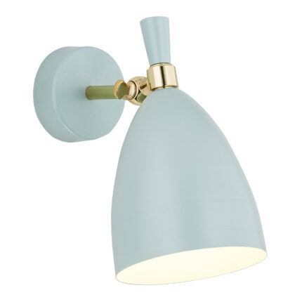 Harlot wall light with matt blue bell shade and brass adjustable arm.