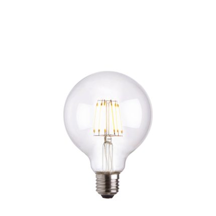 ELG e27 led globe lamp bulb, clear, 6w, dimmable, lit on a white background.